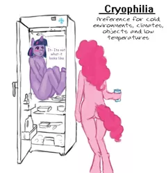 Size: 1052x1088 | Tagged: anthro, artist:sehad, big book of fetishes, blushing, caught, cold, cryophilia, derpibooru import, duo, duo female, female, fetish, glass, i emptied your fridge, pinkie pie, refrigerator, simple, sketch, suggestive, twilight sparkle, unguligrade anthro