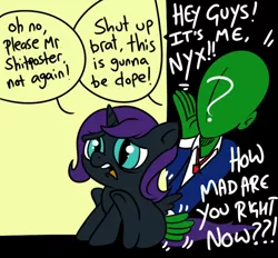 Size: 600x557 | Tagged: safe, artist:catfood-mcfly, derpibooru import, oc, oc:anon, oc:nyx, unofficial characters only, alicorn, human, pony, alicorn oc, dialogue, nyxabuse, nyxposting, open mouth, sitting, spread wings, underhoof, wings