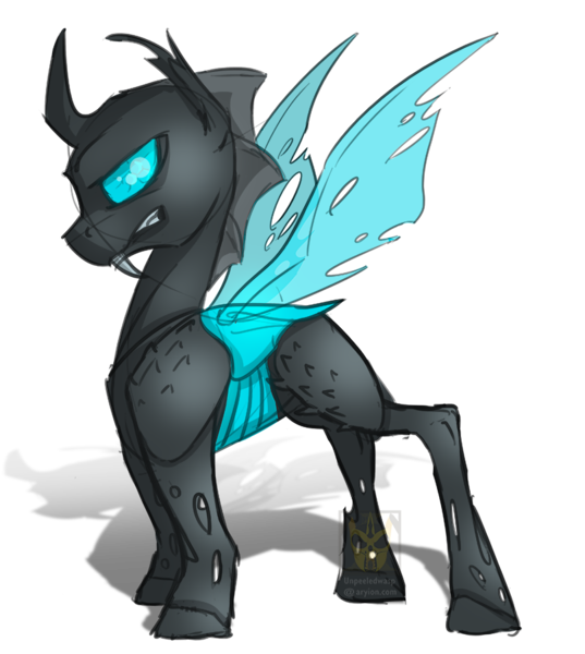 Size: 806x900 | Tagged: artist:unpeeledwasp, changeling, colored sketch, derpibooru import, doodle, safe, simple background, sketch, solo, transparent background