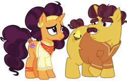 Size: 4700x3000 | Tagged: safe, artist:cheezedoodle96, derpibooru import, coriander cumin, saffron masala, pony, unicorn, spice up your life, .svg available, cute, father and daughter, female, happy, inkscape, looking at each other, male, mare, saffronbetes, simple background, stallion, svg, transparent background, vector