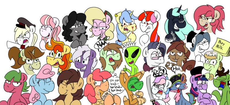 Size: 2352x1077 | Tagged: alien, artist:cowsrtasty, derpibooru import, oc, oc:anon, oc:aryanne, oc:chainik, oc:disastral, oc:donut stoles, oc:fancy fletch, oc:hattsy, oc:lacy, oc:lockie, oc:low rider, oc:nikita, oc:nurse bonesaw, oc:pink moon, oc:righty tighty, oc:sea song, ocs everywhere, oc:strawberry swirl, oc:viewing pleasure, squirrel, sticky note, suggestive, twilight sparkle