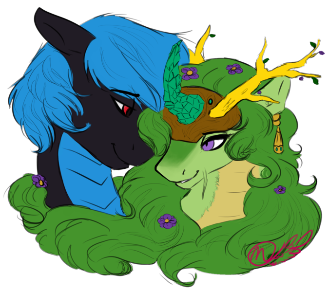 Size: 1452x1294 | Tagged: antlers, artist:mixed42media, derpibooru import, dracony, dragon, female, flower, flower in hair, hybrid, jewelry, long mane, male, nuzzling, oc, oc:jade radiance, oc:vibrato, safe, shipping, simple background, straight, transparent background, unofficial characters only