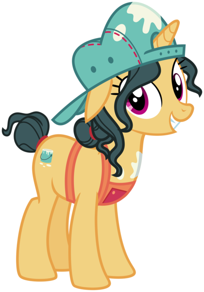 Size: 2100x3000 | Tagged: safe, artist:cheezedoodle96, derpibooru import, fresh coat, pony, unicorn, spice up your life, .svg available, apron, background pony, backwards ballcap, baseball cap, clothes, female, floppy ears, hat, inkscape, looking at you, mare, paint on fur, painter, simple background, smiling, solo, svg, transparent background, vector