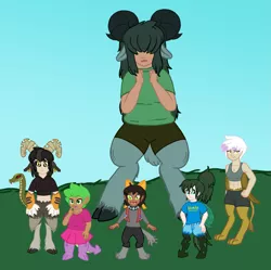 Size: 1845x1841 | Tagged: abs, artist:oneovertwo, derpibooru import, female, midriff, oc, oc:alex, oc:ariana, oc:kimmy and mera, oc:laika, oc:mistake, oc:thistle, offspring, parent:arimaspi, parent:chimera sisters, parent:diamond dog, parent:gilda, parent:queen chrysalis, parent:spike, safe, satyr, unofficial characters only