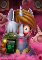 Size: 751x1063 | Tagged: grimdark, artist:wwredgrave, derpibooru import, oc, oc:littlepip, unofficial characters only, pony, unicorn, fallout equestria, fanfic, bleeding, blood, bloodshot eyes, bone, canterlot, clothes, color, crying, fanfic art, female, hooves, horn, mare, melting, open mouth, pink cloud (fo:e), pipbuck, pipleg, skull, solo, speakers, tears of blood, teeth, this will end in pain, this will end in tears, vault suit