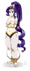 Size: 500x1168 | Tagged: armlet, artist:pia-sama, belly button, belly dancer, belly dancer outfit, blushing, bracelet, breasts, busty rarity, cleavage, crossover, derpibooru import, eyeshadow, female, genie, harem outfit, horned humanization, human, humanized, jewelry, makeup, midriff, rarity, shantae, simple background, solo, solo female, suggestive, tiara, unamused, white background