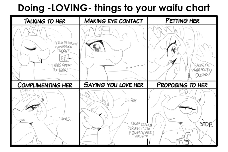 Size: 1024x683 | Tagged: ..., annoyed, artist:sunibee, derpibooru import, doing loving things, hand, human, meme, monochrome, oc, oc:anon, princess celestia, reality ensues, rejected, rejection, safe, shipping denied