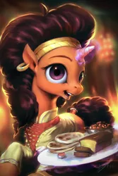 Size: 800x1200 | Tagged: safe, artist:assasinmonkey, derpibooru import, saffron masala, pony, unicorn, spice up your life, bandana, beans, bread, chef, clothes, ear piercing, earring, female, food, indian, jewelry, levitation, looking at you, magic, mare, open mouth, piercing, plate, signature, smiling, solo, telekinesis