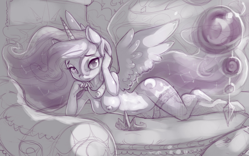 Size: 1000x625 | Tagged: anthro, artist:xennos, breasts, clothes, derpibooru import, female, looking at you, monochrome, nipples, nudity, princess luna, questionable, socks, solo, solo female, spread wings, thigh highs