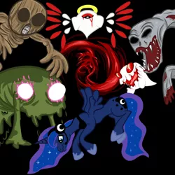 Size: 3000x3000 | Tagged: artist:jerrid120, baron von blubba, bubble bobble, creepypasta, dark matter, dead hand, derpibooru import, earthbound, gamer luna, giygas, kirby, mother, nightmare fuel, pikmin, princess luna, redead, semi-grimdark, smoky progg, taito, the legend of zelda, video game, zero, zero two (kirby)