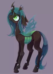 Size: 800x1103 | Tagged: artist:kolshica, changeling, changeling queen, crown, cute, cutealis, derpibooru import, female, filly, filly queen chrysalis, foal, jewelry, nymph, purple background, queen chrysalis, regalia, safe, simple background, solo, teenager, younger