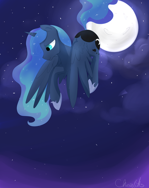 Size: 1024x1293 | Tagged: safe, artist:chesnutts, artist:memesquid, derpibooru import, princess luna, flying, moon, solo