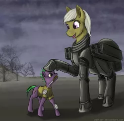 Size: 1545x1503 | Tagged: safe, artist:pantzar, derpibooru import, oc, oc:banana cream pie, unofficial characters only, pony, fallout equestria, armor, cute, giant pony, knife, macro, power armor, raider, size difference, steel ranger, steel rangers