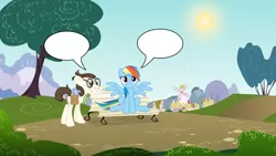 Size: 1600x900 | Tagged: comic, crack shipping, crush, custom comic, derpibooru import, female, fill in the blanks, gizmo, gizmodash, male, park, ponyville, rainbow dash, safe, shipping, speech bubble, straight