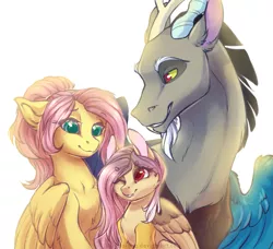 Size: 1297x1185 | Tagged: safe, artist:kerydarling, derpibooru import, discord, fluttershy, oc, oc:ellen, hybrid, alternate hairstyle, discoshy, family, female, interspecies offspring, male, offspring, parent:discord, parent:fluttershy, parents:discoshy, ponytail, shipping, straight