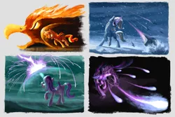 Size: 3543x2362 | Tagged: safe, artist:plainoasis, derpibooru import, starlight glimmer, sunset shimmer, trixie, twilight sparkle, twilight sparkle (alicorn), alicorn, phoenix, pony, unicorn, barrier, beam, blizzard, charge, counterparts, fiery shimmer, fire, force field, glare, gritted teeth, ice, magic, magic circle, magic missile, magical quartet, open mouth, raised hoof, smirk, snow, snowfall, twilight's counterparts