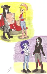 Size: 4503x6983 | Tagged: safe, artist:metaldudepl666, derpibooru import, applejack, rarity, oc, oc:shadow sketch, equestria girls, absurd resolution, boots, cider, cowboy, cowboy boots, cowboy hat, equestria girls-ified, future, glans, hat, metalhead, motorhead, shoes, slice of life, working