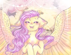 Size: 1024x796 | Tagged: safe, artist:gloriajoy, derpibooru import, fluttershy, pegasus, pony, cute, eyes closed, female, floppy ears, happy, hooves to the chest, mare, shyabetes, smiling, solo, spread wings