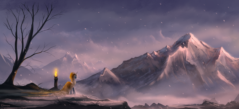 Size: 2200x1000 | Tagged: dead source, safe, artist:shamanguli, derpibooru import, oc, unofficial characters only, pony, unicorn, cloak, clothes, fire, hood, mountain, mountain range, scenery, scenery porn, snow, snowfall, solo