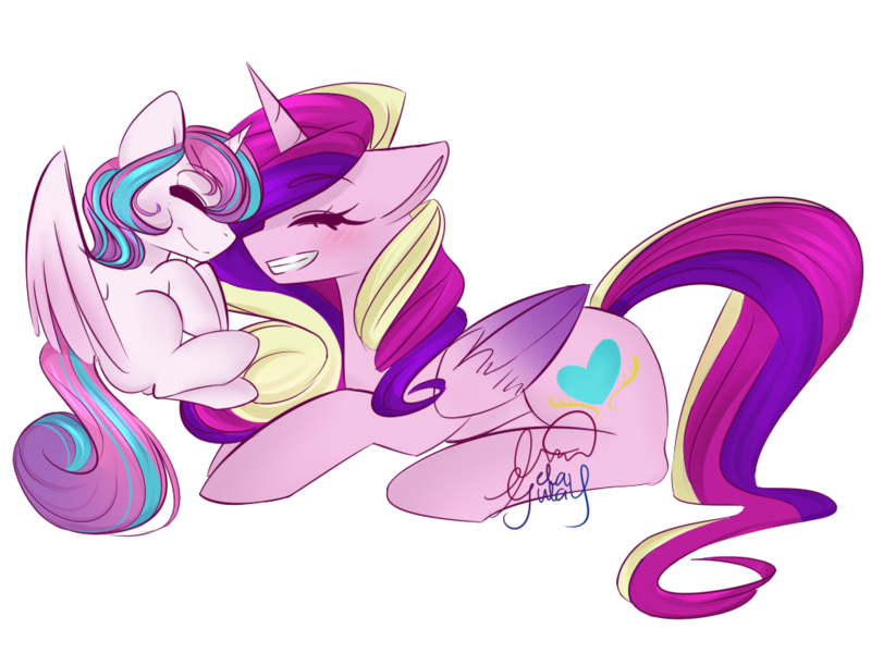 Size: 1023x767 | Tagged: artist:gelay-gulay, derpibooru import, eyes closed, happy, mama cadence, mother and daughter, nuzzling, princess cadance, princess flurry heart, prone, safe, smiling