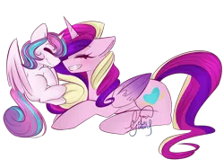 Size: 1023x767 | Tagged: artist:gelay-gulay, derpibooru import, eyes closed, happy, mama cadence, mother and daughter, nuzzling, princess cadance, princess flurry heart, prone, safe, smiling