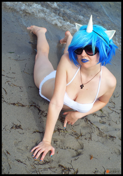 Size: 1399x2000 | Tagged: artist:krazykari, barefoot, beach, bikini, clothes, cosplay, costume, derpibooru import, feet, human, irl, irl human, photo, safe, solo, swimsuit, toenails, toes, vinyl scratch