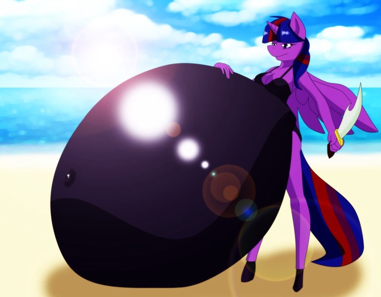 Size: 1012x790 | Tagged: alicorn, anthro, artist:pauline-bellygames, beach, belly, boobalight sparcakes, breasts, brutalight sparcake, busty twilight sparkle, clothes, derpibooru import, female, hyper, hyper pregnancy, impossibly large belly, one-piece swimsuit, pregnant, questionable, solo, solo female, swimsuit, sword, twilight sparkle, twilight sparkle (alicorn), weapon