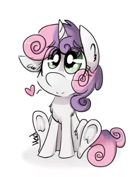 Size: 1535x2047 | Tagged: safe, artist:mad-maker-cat, derpibooru import, sweetie belle, pony, unicorn, chest fluff, cute, diasweetes, ear fluff, eye clipping through hair, female, filly, frog (hoof), heart, leg fluff, simple background, sitting, solo, underhoof, white background