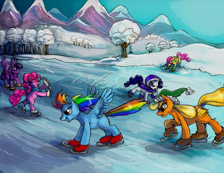 Size: 1280x989 | Tagged: safe, artist:anarchpeace, derpibooru import, applejack, fluttershy, pinkie pie, rainbow dash, rarity, twilight sparkle, twilight sparkle (alicorn), alicorn, pony, clothes, hat, ice, ice skates, ice skating, mane six, scarf, snow