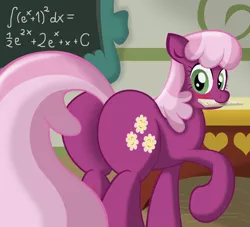 Size: 1102x1000 | Tagged: artist:ziemniax, blushing, calculus, chalkboard, cheerilee, derpibooru import, female, flowerbutt, looking at you, looking back, math, mouth hold, plot, ponyville schoolhouse, raised hoof, ruler, show accurate, smiling, solo, solo female, suggestive