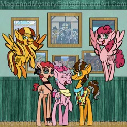 Size: 1000x1000 | Tagged: safe, artist:magicandmysterygal, derpibooru import, cheese sandwich, pinkie pie, oc, oc:bubblegum, oc:honeycomb candy, oc:party hat, cheesepie, female, male, offspring, older, parent:cheese sandwich, parent:pinkie pie, parents:cheesepie, shipping, straight