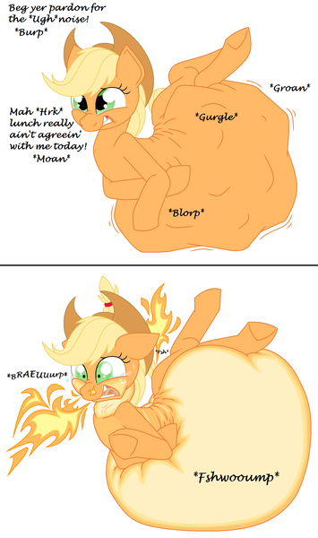 Size: 1336x2256 | Tagged: questionable, artist:adlaz, derpibooru import, applejack, earth pony, pony, abdominal bulge, backbend, belly, burp, comic, crying, fart, fart fetish, female, fetish, fire, fire breath, fire fart, impossibly large belly, inflation, literal butthurt, mare, pain, predajack, regret, simple background, stomach noise, tears of pain, throat bulge, tummy ache, vore