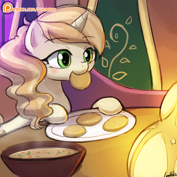 Size: 750x750 | Tagged: safe, artist:lumineko, derpibooru import, sweet biscuit, pony, unicorn, spice up your life, adorabiscuit, cookie, curry, cute, female, food, mare, mouth hold, nom, patreon, patreon logo, solo