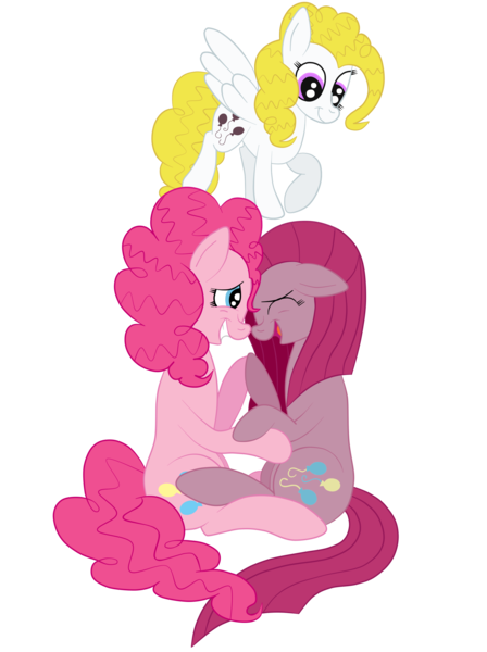 Size: 1936x2592 | Tagged: angel, artist:squipycheetah, comforting, cute, cuteamena, derpibooru import, diapinkes, duality, eyes closed, floppy ears, guardian, happy, holding hooves, hug, looking down, open mouth, pinkamena diane pie, pinkiemena, pinkie pie, raised hoof, safe, self ponidox, simple background, sitting, size difference, smiling, surprise, transparent background, trinity pie, trio, vector