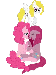 Size: 1936x2592 | Tagged: angel, artist:squipycheetah, comforting, cute, cuteamena, derpibooru import, diapinkes, duality, eyes closed, floppy ears, guardian, happy, holding hooves, hug, looking down, open mouth, pinkamena diane pie, pinkiemena, pinkie pie, raised hoof, safe, self ponidox, simple background, sitting, size difference, smiling, surprise, transparent background, trinity pie, trio, vector
