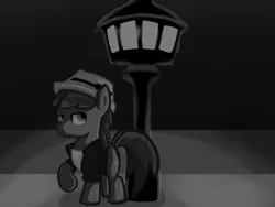 Size: 1024x768 | Tagged: artist:villagerpony13, black and white, derpibooru import, grayscale, hat, monochrome, noir, oc, oc:phillip finder, safe, solo, streetlight, trilby, unofficial characters only