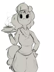 Size: 1200x1600 | Tagged: anthro, artist:tamyarts, clothes, curry, derpibooru import, food, monochrome, safe, saffron masala, sketch, smiling, solo, spice up your life