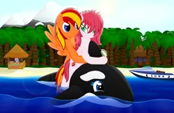 Size: 4000x2600 | Tagged: safe, artist:galekz, derpibooru import, oc, oc:strawberry glimmer, oc:tech talk, unofficial characters only, bat pony, orca, pony, whale, absurd resolution, beach, female, floating, inflatable, male, oc x oc, pool toy, riding, shipping, straight, strawtech, water, wet mane