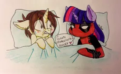 Size: 3143x1930 | Tagged: artist:ameliacostanza, bed, crossover, deadpool, derpibooru import, dialogue, duo, heart, peter parker, ponified, spider-man, spiders and magic: rise of spider-mane, spidertwi, spideypool, suggestive, traditional art, twilight sparkle, wade wilson, wig