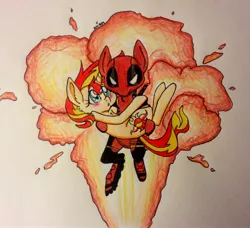 Size: 2565x2337 | Tagged: safe, artist:ameliacostanza, derpibooru import, sunset shimmer, ponified, pony, unicorn, bridal carry, crossover, deadpool, explosion, marvel, traditional art, wade wilson