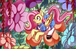Size: 1700x1100 | Tagged: safe, artist:ruef, derpibooru import, fluttershy, pegasus, pony, alice in wonderland, clothes, colored pupils, crossover, cute, dress, female, flower, heart eyes, mare, shyabetes, socks, solo, wingding eyes