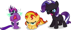 Size: 2919x1243 | Tagged: safe, artist:punzil504, derpibooru import, nightmare rarity, sci-twi, sunset shimmer, twilight sparkle, ponified, pony, equestria girls, 5-year-old, baby, baby pony, babylight sparkle, babynight sparkle, cute, equestria girls ponified, filly, midnight sparkle, midnightabetes, younger