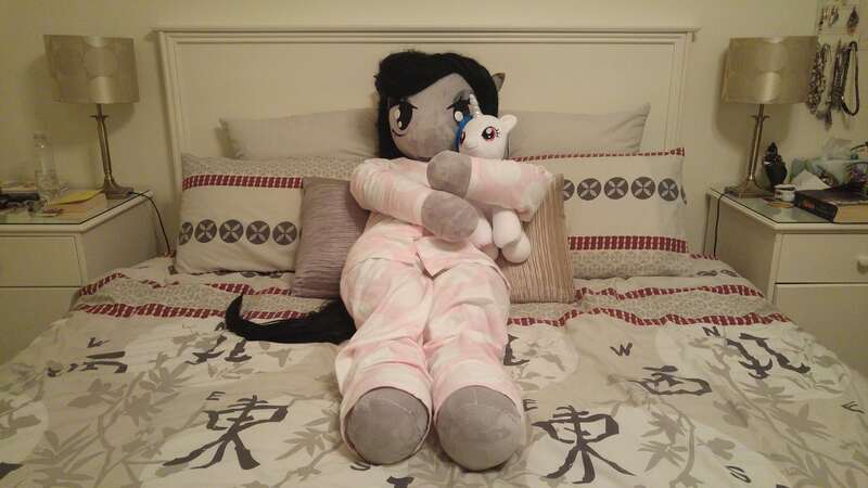 Size: 5312x2988 | Tagged: anthro, anthro plushie, artist:bigsexyplush, artist:somethingaboutoctavia, bed, bedroom eyes, build-a-bear, clothes, cuddling, cute, derpibooru import, doll, hug, irl, octavia melody, pajamas, photo, plushie, safe, snuggling, tavibetes, thunder thighs, toy, vinyl scratch, wide hips