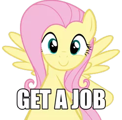 Size: 761x749 | Tagged: boop, derpibooru import, flutter brutter, fluttershy, get a job, image macro, looking at you, meme, safe, simple background, solo, transparent background, vector