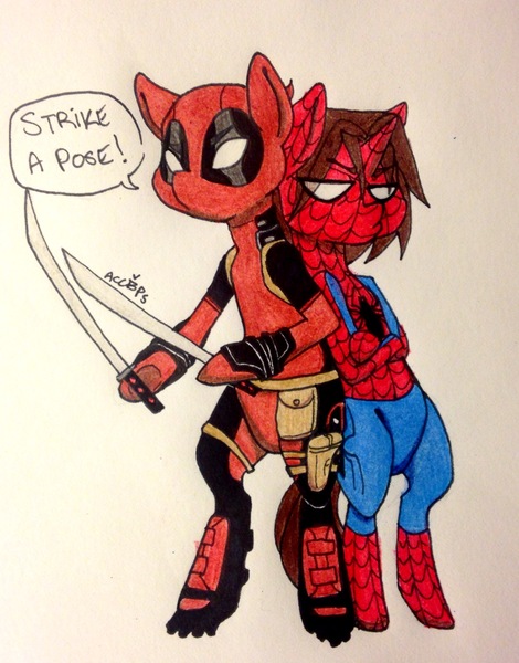 Size: 1743x2224 | Tagged: artist:ameliacostanza, clothes, costume, crossover, deadpool, derpibooru import, duo, katana, marvel, peter parker, ponified, safe, spider-man, spiders and magic: rise of spider-mane, superhero, sword, traditional art, wade wilson, weapon