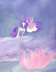 Size: 1204x1544 | Tagged: safe, artist:enuwey, derpibooru import, lotus blossom, rarity, oc, oc:kydose, pegasus, pony, canon x oc, cloud, flower, kissing, love, raridose, shipping, traditional art, water, watercolor painting