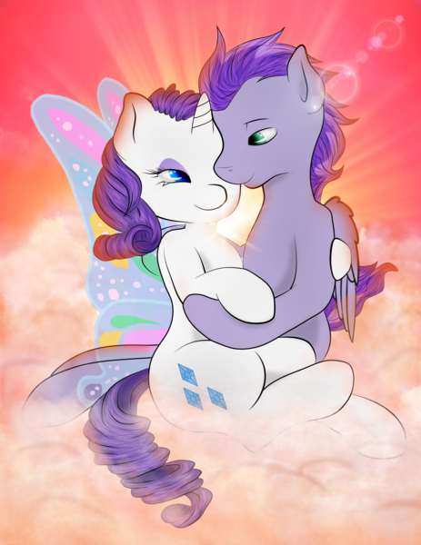 Size: 2037x2640 | Tagged: safe, artist:kydosexrarity, artist:mintyscratch, derpibooru import, rarity, oc, oc:kydose, pegasus, pony, canon x oc, cloud, love, raridose, romantic, shipping, snuggling, sunset