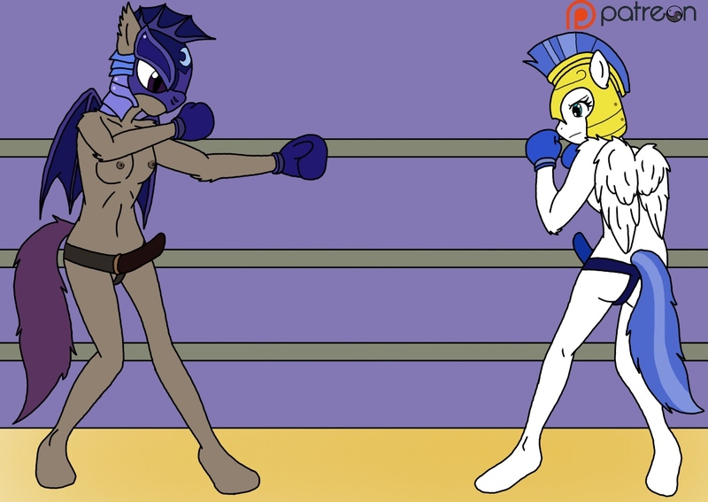 Size: 1200x850 | Tagged: questionable, alternate version, artist:linedraweer, derpibooru import, anthro, bat pony, unguligrade anthro, fighting is magic, bat wings, boxing, boxing gloves, commission, fighting stance, guardsmare, night guard, patreon, patreon logo, royal guard, sex toy, strapon
