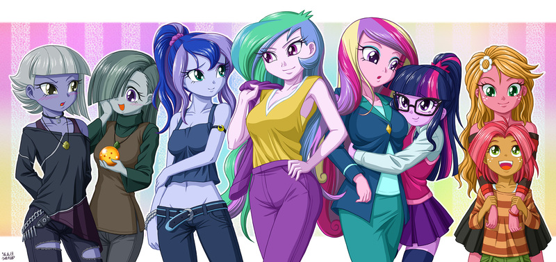 Size: 1600x753 | Tagged: safe, artist:uotapo, derpibooru import, idw, babs seed, limestone pie, marble pie, princess cadance, princess celestia, princess luna, sci-twi, sunflower (character), twilight sparkle, equestria girls, adorababs, armpits, belly button, blushing, breasts, busty princess cadance, busty princess celestia, cleavage, clothes, colored pupils, cute, cutedance, dean cadance, dragon ball, dragon ball (object), dragon ball z, equestria girls-ified, female, glasses, hair over one eye, hug, limabetes, long hair, low rise jeans, marblebetes, midriff, onee-sama, pleated skirt, ponytail, principal celestia, sister-in-law, sisters, skirt, smiling, socks, tanktop, thigh highs, uotapo is trying to murder us, vice principal luna, wall of tags, zettai ryouiki