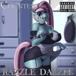 Size: 900x900 | Tagged: suggestive, alternate version, artist:kevinsano, derpibooru import, coloratura, anthro, big breasts, black underwear, breasts, busty coloratura, cleavage, clothes, countess coloratura, dialogue, duster, female, garters, hoofsies, huge breasts, lipstick, looking at you, maid, open mouth, panties, parental advisory, patreon, skirt, skirt lift, skirt pull, socks, solo, solo female, stockings, thigh highs, underwear, uniform, upskirt, zettai ryouiki